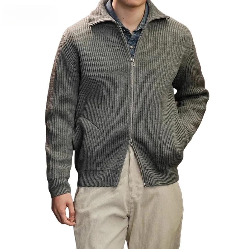 

Solid Color Knitted Cardigan Mens Autumn Winter Retro Casual Stand Collar Long Sleeve Sweatercoat Man