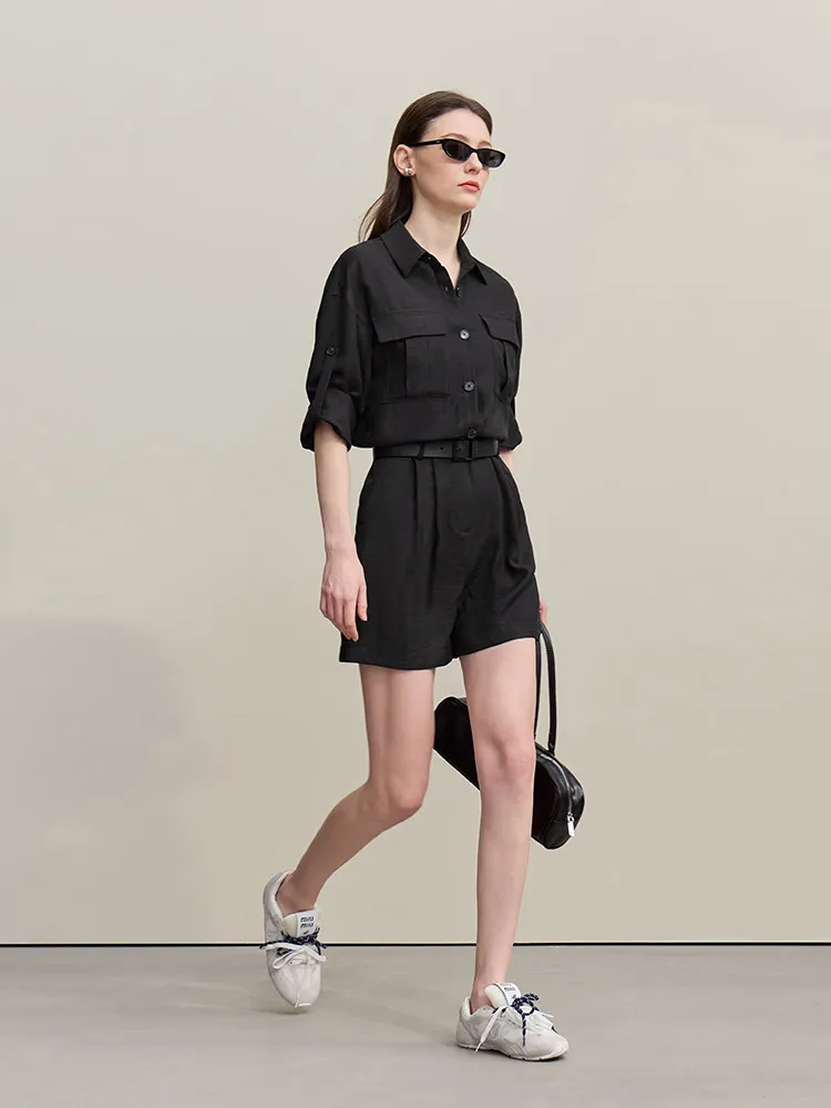 

Женский комбинезон Amii 2026: Новинка лета, фактурный, с отложным воротником, со спущенным плечом, длинными рукавами, свободные шорты, повседневный ромпер для женщин 12642034