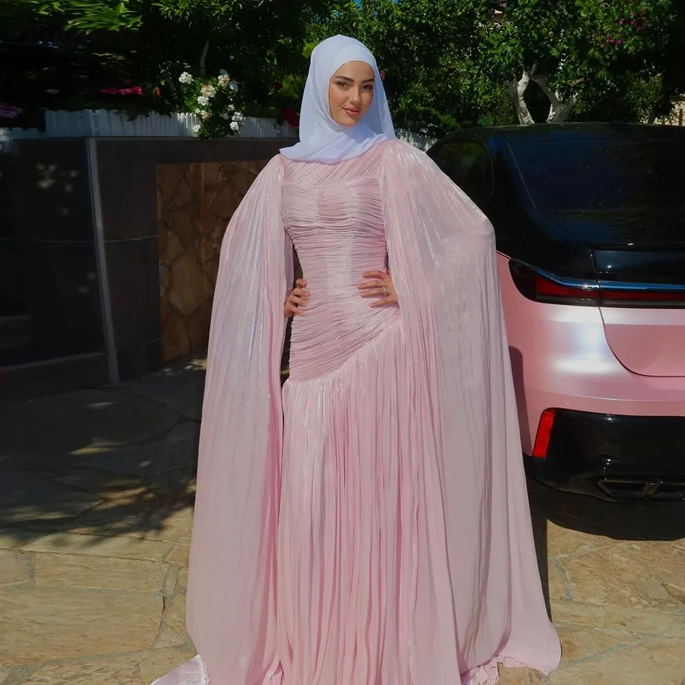 

Eightale Arabic Evening Dresses Floor Length Customized Crepe Cape Long Sleeves Dusty Pink Prom Party Gown vestido de fiesta