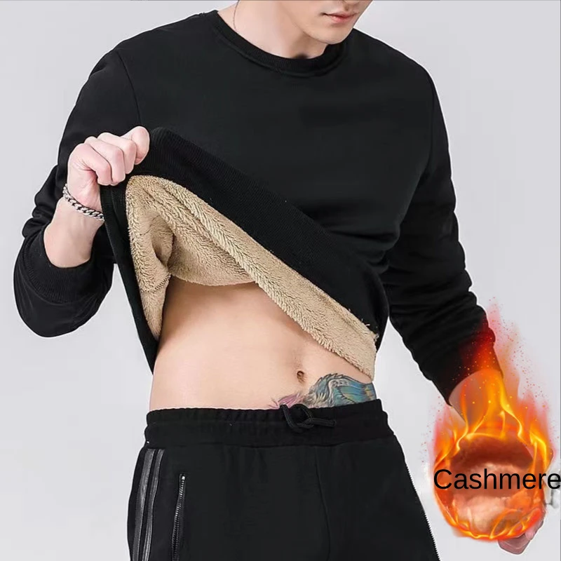 

Autumn Winter Men's Sweatshirts Fleece Thick Solid Color Bunched Sleeves Cold-proof Warm Clothes O-neck Loose Hoodless Top M-5xl