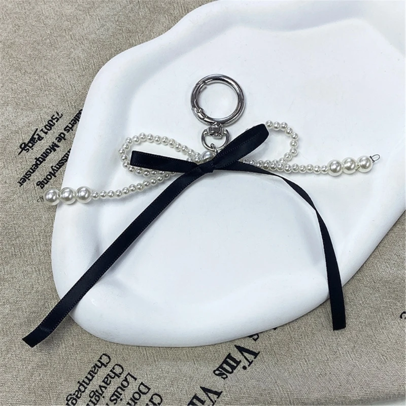 Cute Pearl Ribbon Bowknot Keychain Pendant Keyring Charm Lovely Hanging Decorations for Purse Bag Backpack Handbag