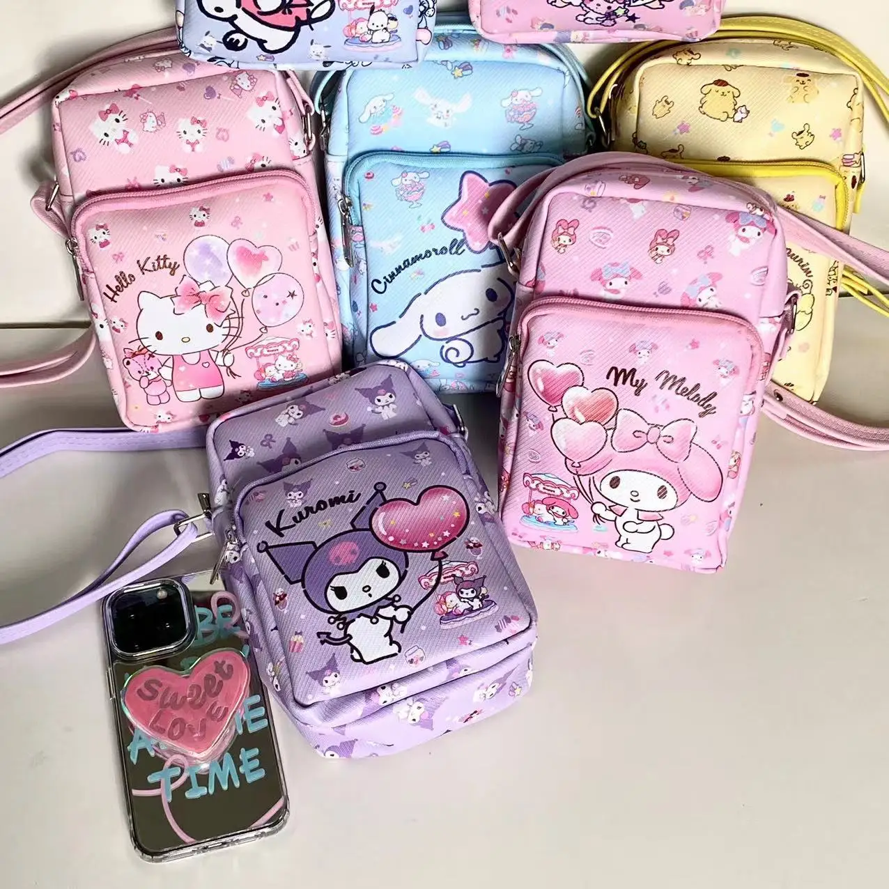 

Sanrio Crossbody Bag Hello Kitty Cinnamoroll Kuromi Protable Shoulder Case Large Storage Pu Student Waterproof Case Girls Gift