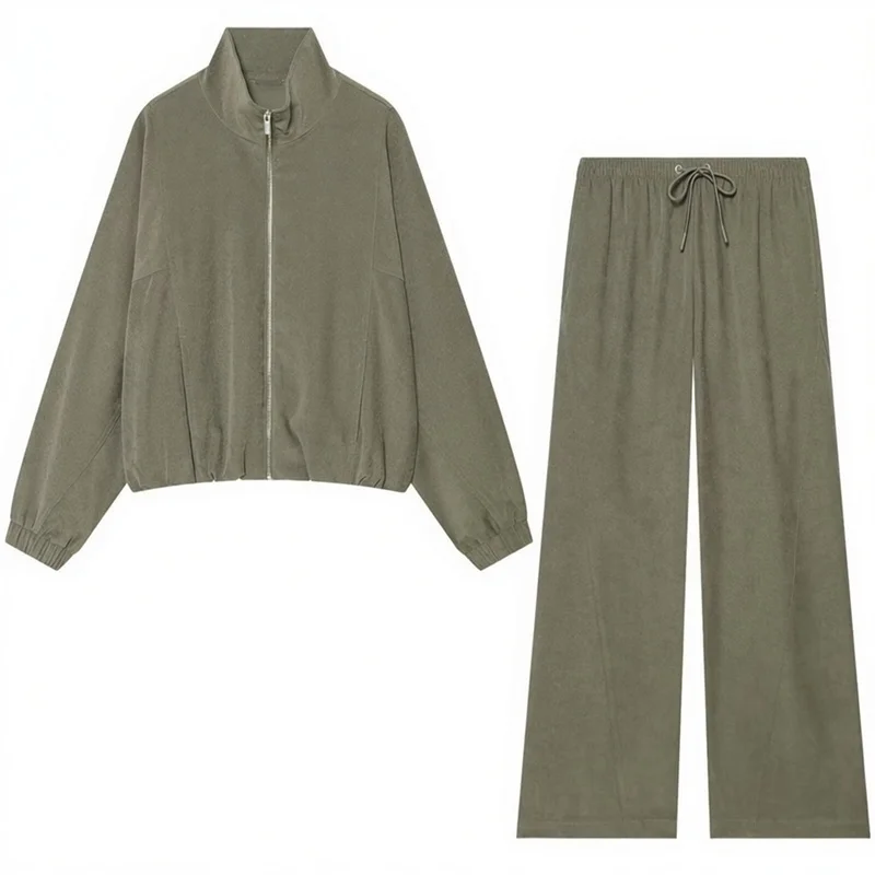 Guobioziy Women's Suit 2026 Spring and Autumn New Casual Versatile Long-Sleeve Stand Collar Pilot Jacket with Wide-Leg Pants
