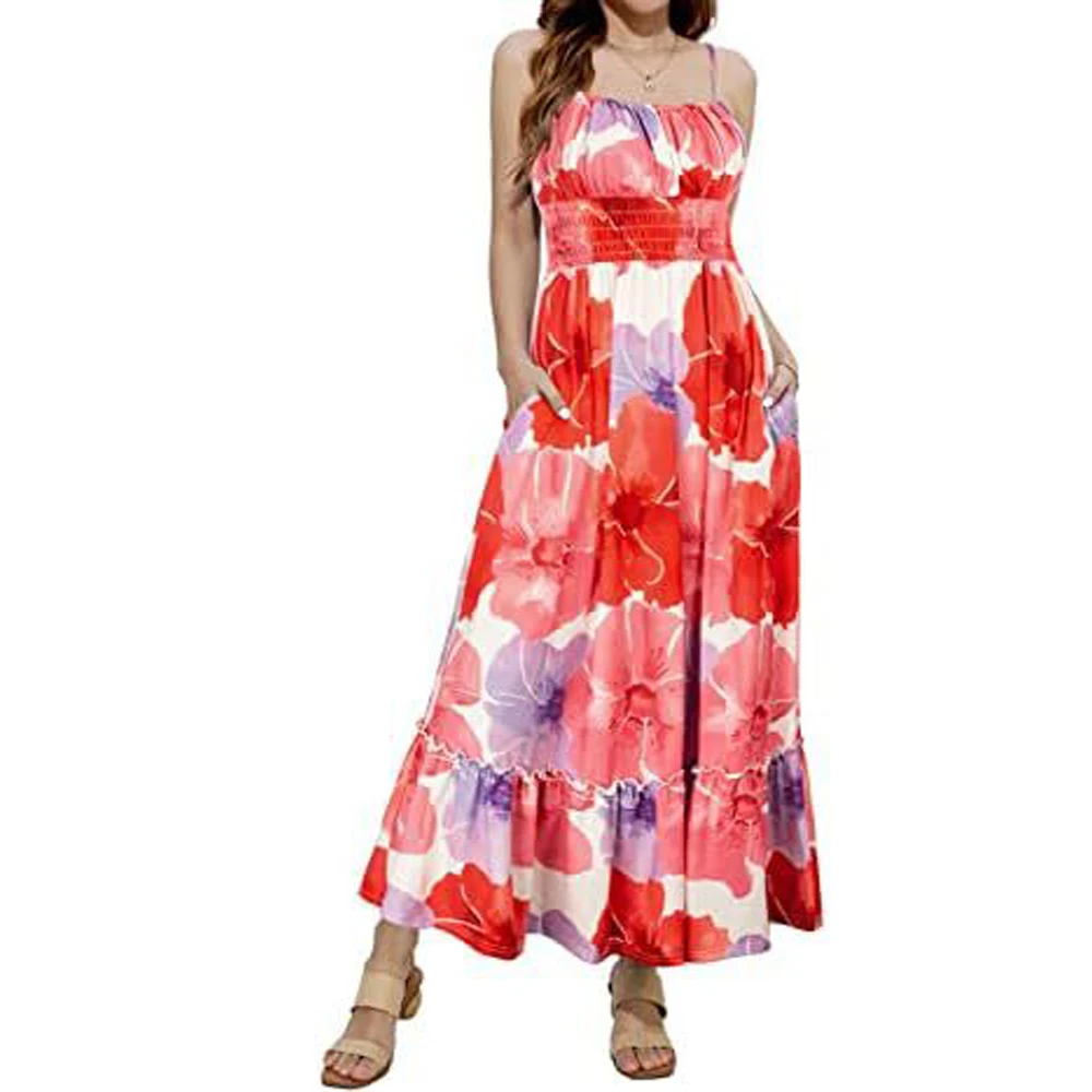 Sommer Blumen gedruckt Maxi Cami-Kleid Spaghetti träger geraffte Mieder gekleidet Taille Kleid elegante Strand Boho Kleid für Frauen