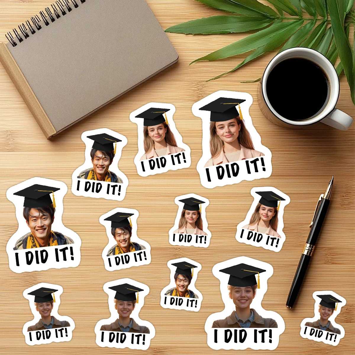 Pegatinas de Graduación con Foto Personalizada, Etiquetas con Rostro Personalizado "¡Lo Logré!" Or'look ¡¿Quién se graduó!?, para envolver regalos, calcomanía para álbum de recortes