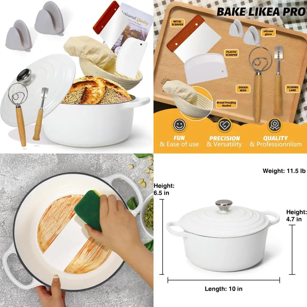 

Enameled Cast Iron Bread Oven with Proofing Basket - Heavy-Duty Cookware for Baking, Bread Making Supplies, and Bra-Suitable Coo