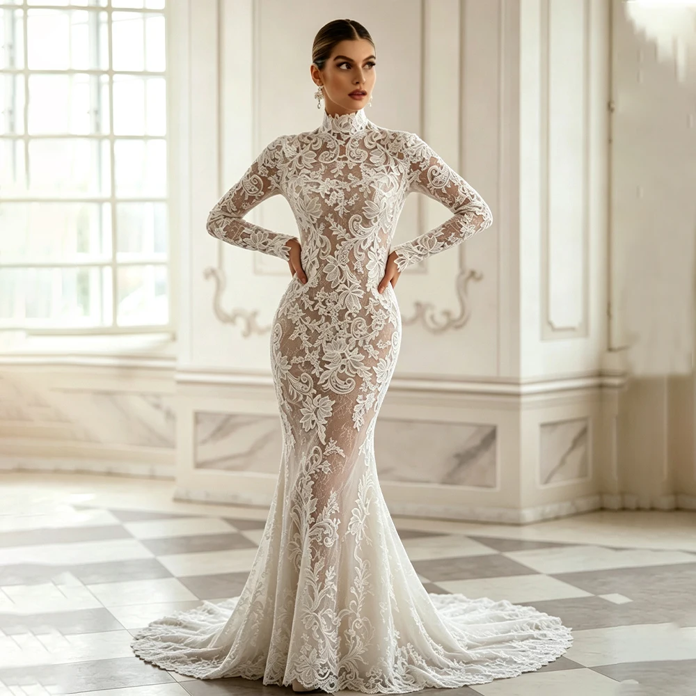 Lace Wedding Dresses High Neck Long Sleeve Mermaid Bride Dress Sexy Contrast Bridal Gown for Women Vestido De Novia  Customized