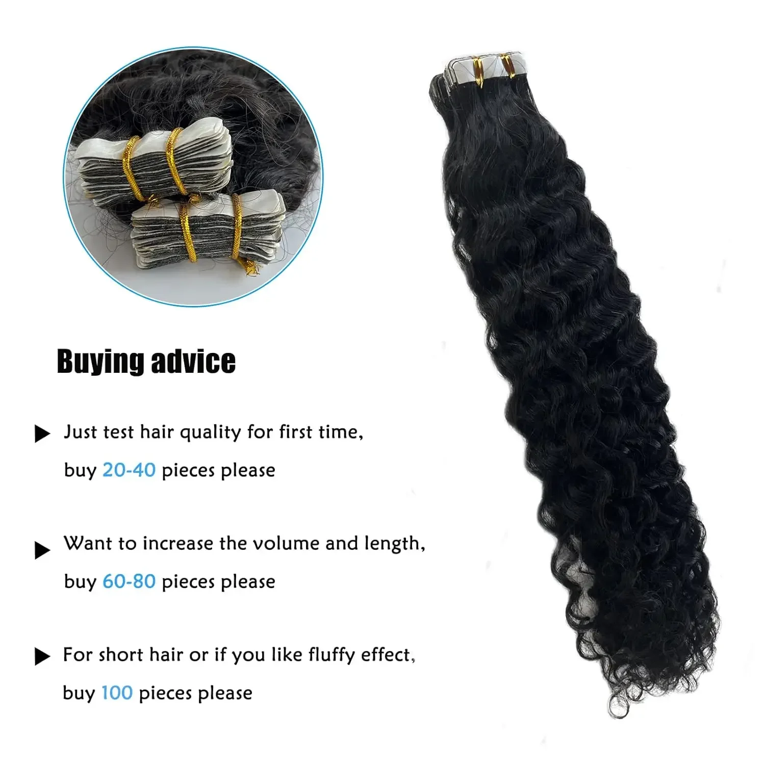 Extensions de cheveux humains Deep Water Wave, 20 pièces, 100% Remy Humen Hair, 16-26 pouces, bande de trame de peau, noir naturel # 1B