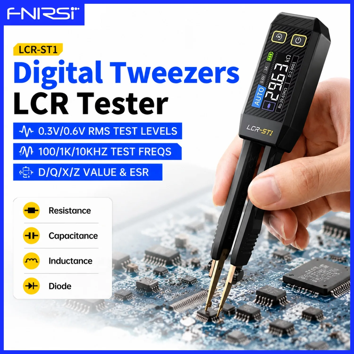 FNIRSI LCR-ST1 Smart LCR Bridge Tweezers LCR SMD ESR Precision Tester Resistance Capacitance Inductance Diode Electronics Repair