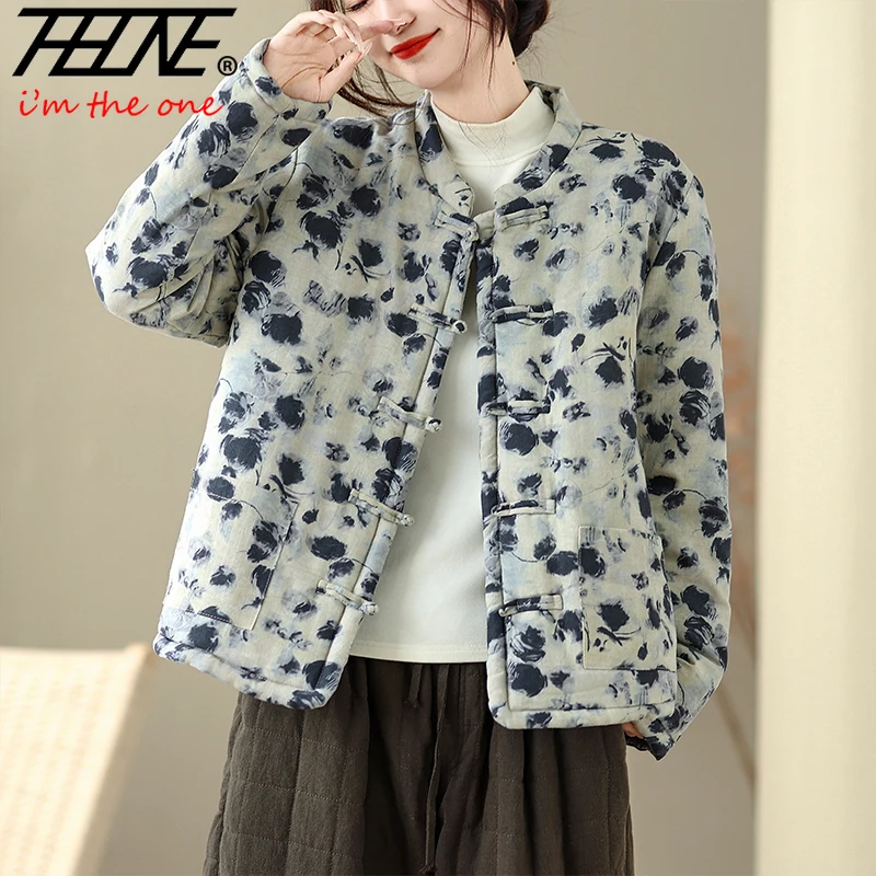 

THHONE зимняя женская куртка, пальто, парка в китайском стиле, утепленный теплый топ, винтажная повседневная свободная одежда с длинными рукавами и принтом, верхняя одежда