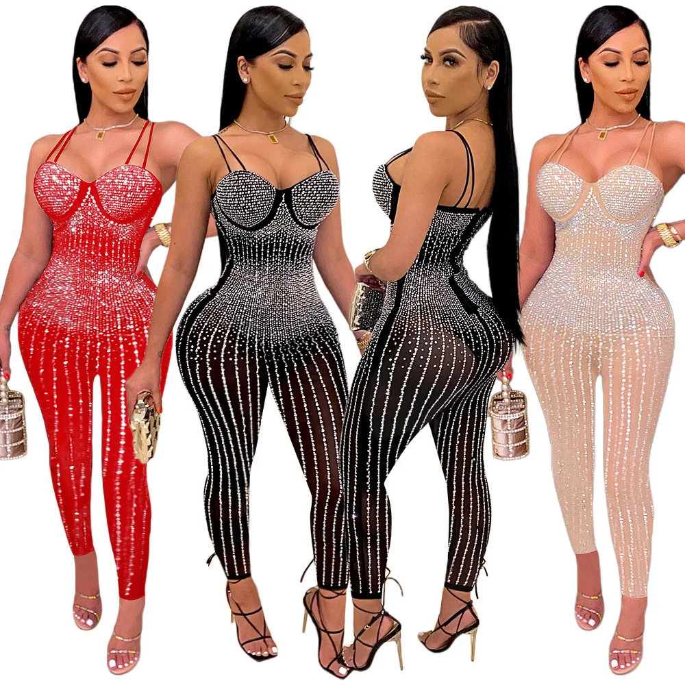 2024 Fashion Women Jumpsuit Evening Club Pencil Pant Black Red Beige Yoga Jogging Sportswer Mesh Hot Diamond Bodycon Playsuits