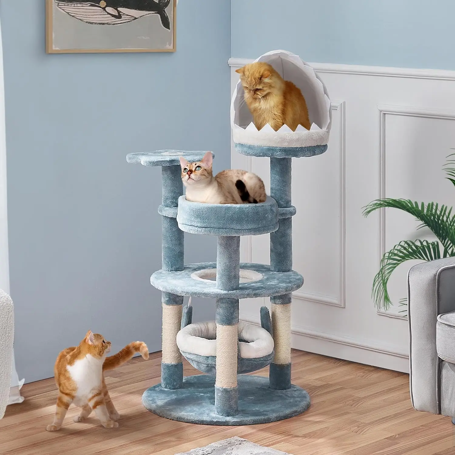 45.5in Ocean-Themed Cat Tree Multi-Level Cat Tower, Plush Cat Furniture with Shark's Mouth-Shaped Nest, Sea Star-Shaped Perch