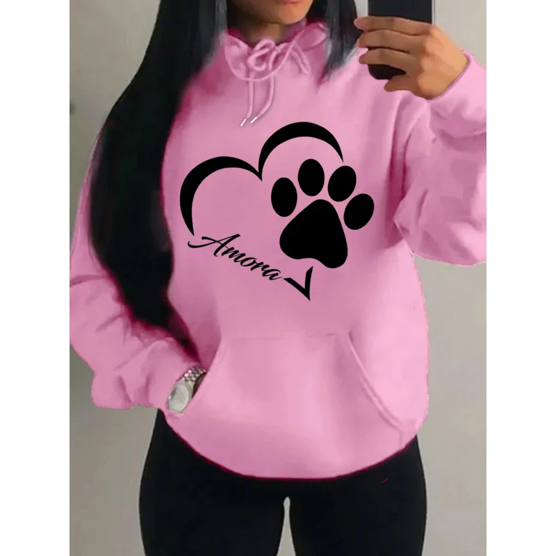 Liebe und kleine Katze Fuß kreativer Druck Frauen Hoody Mode Herbst Sweatshirt Tasche Hoodie Sport Stil bequemer Pullover