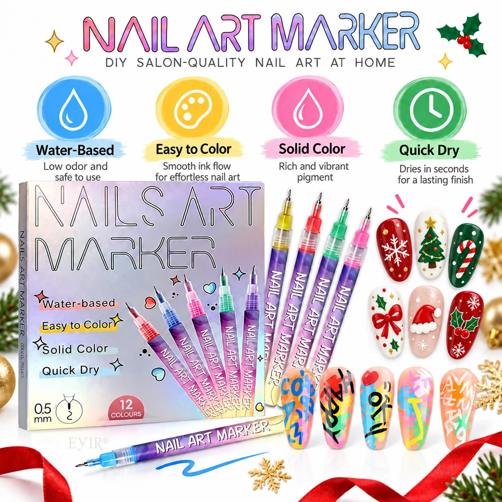 EYIR 12 Colors Nail Art Marker Set with 3 Christmas Nail Stickers Water Based Quick Dry Nail Pens for Holiday Manicure Design