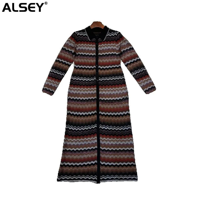 

Fashion High Quality Temperament Wave Pattern Polo Knitted Dress for Women's Autumn Winter New Casual Tight Retro Long Coat