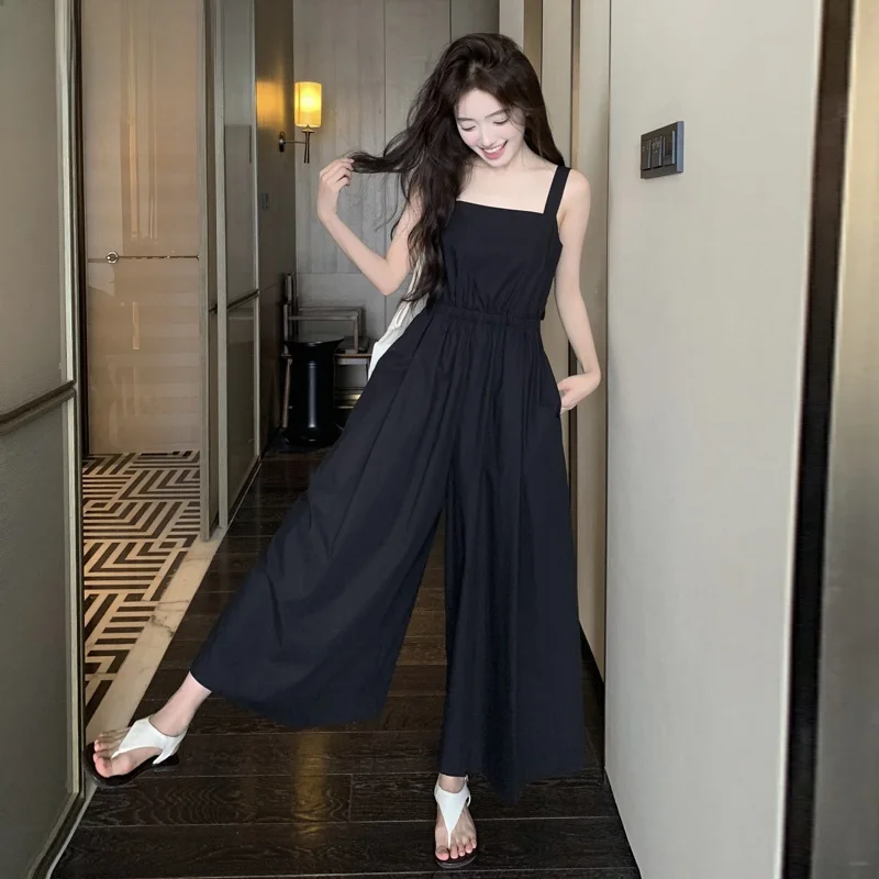 

Модный комбинезон с широкими штанинами, женский летний новый комбинезон с высокой талией и узлом для молодежи, длинные брюки с высокой талией