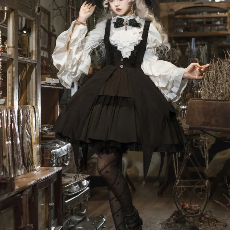 

Gothic dark daily long sleeve suspenders dress set