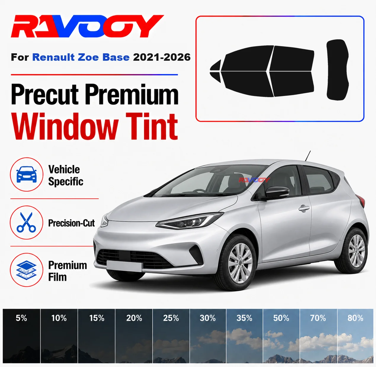 

Premium Precut Window Tint Kit Front Rear Windows Rear Windshield For Renault Zoe Base 2021-2026 Complete Set Nano Ceramic Film