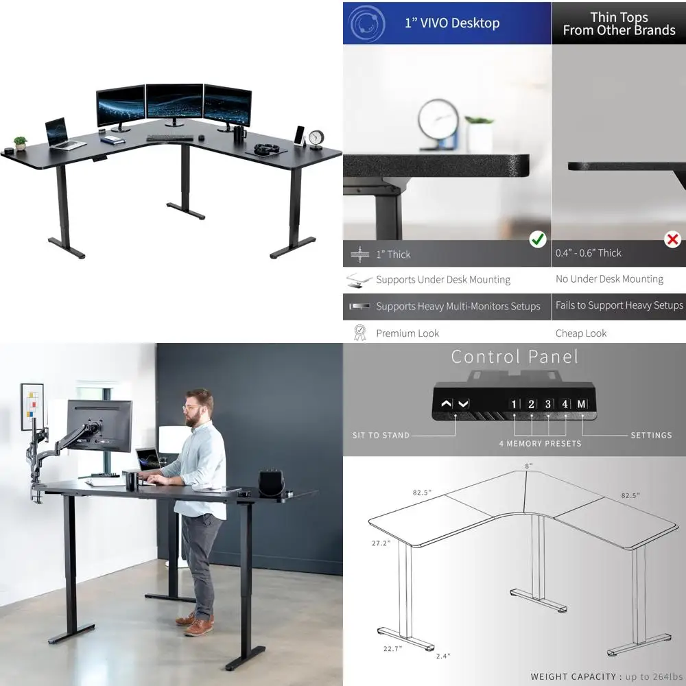 

L-Shaped Electric Adjustable Height Curved Corner Desk, 83" x 83", Black Laminate Top and Frame with Memory Controller