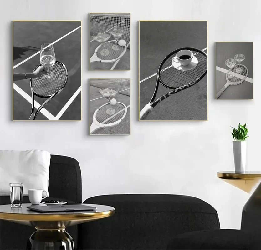 Retro Abstract Black and White Tennis Racket with Wine and Coffee Poster Canvas Prints Art Pictures Home Room Wall Decor Gift