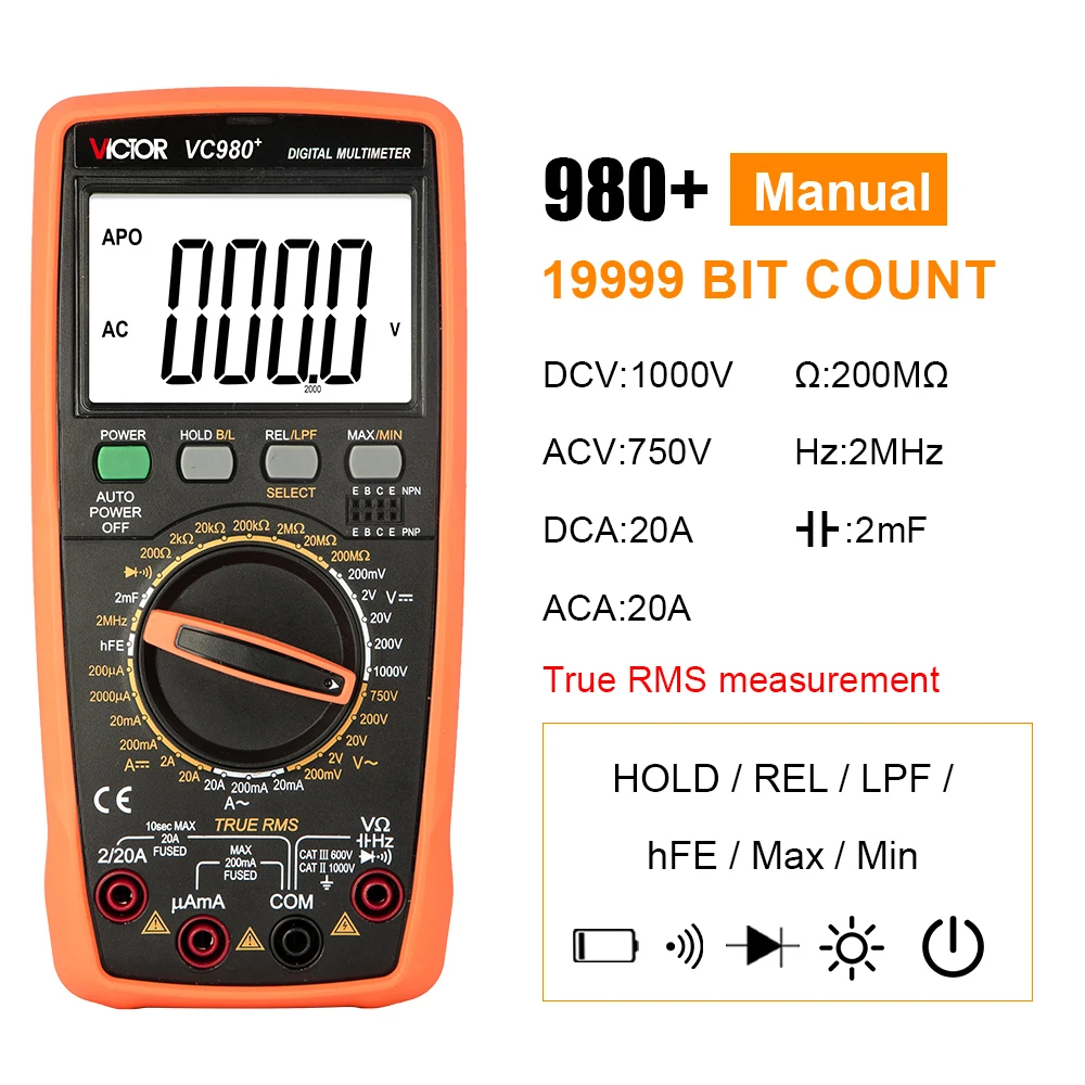 Victor 980+ High-Precision Digital Multimeter 19999 Counts 1000V 20A AC/DC Frequency Testing Meter Intelligent Triode Tester