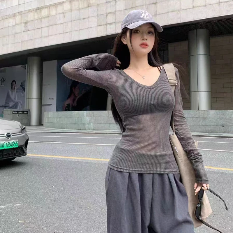 Women Pullover V-neck Sheer Summer Long Sleeve Sexy Casual High Street Korean Style Thin Crop Tops All-match Stylish Vintage