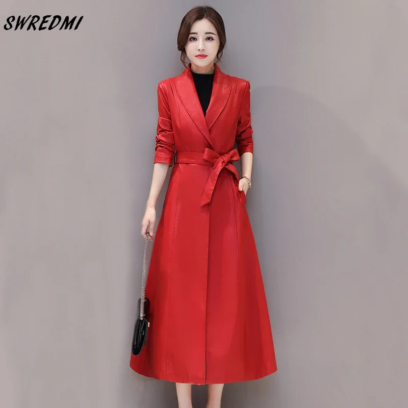 Women Leather Trench Outwear Office Lady Leather Coats Spring And Autumn Sashes Slim Fashion Long Leather Jacket Female SWREDMI