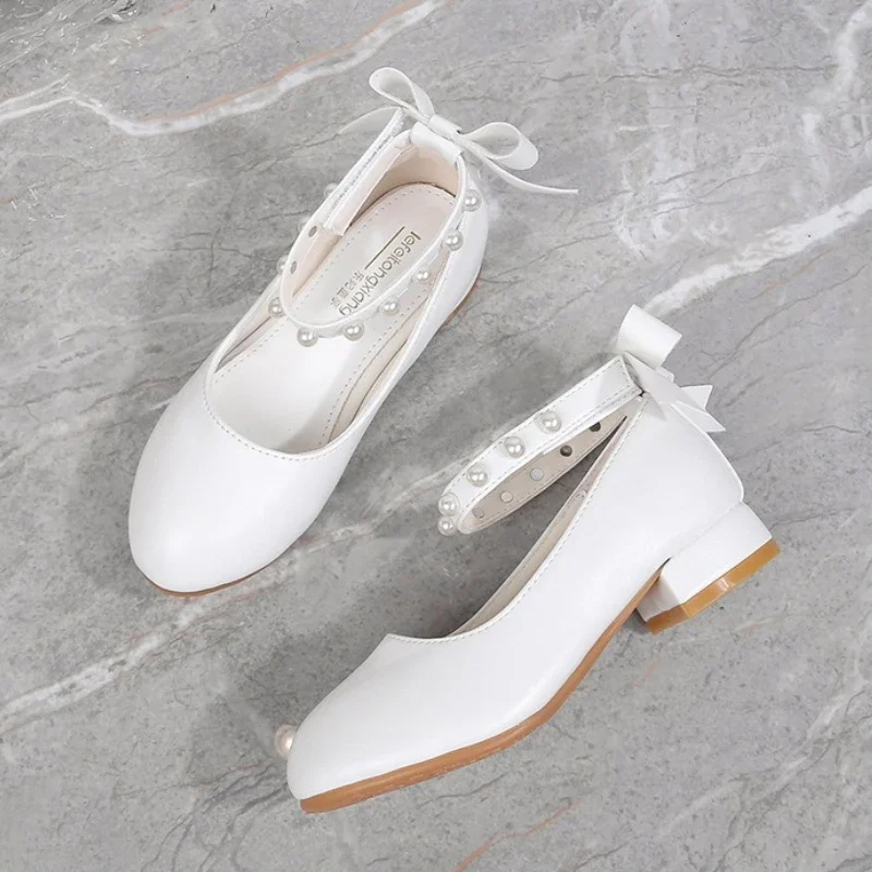 

Girls' High Heel children Princess Leather Shoes Elegant Pearl Bow Anti-Slip sole Fashion Performance Shoes for Parties Events