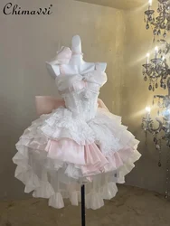 French Sweet Pink Tube Top Dress Spring and Summer Princess Lolita Retro High Waist Elegant Women Birthday Party Puffy Dresses