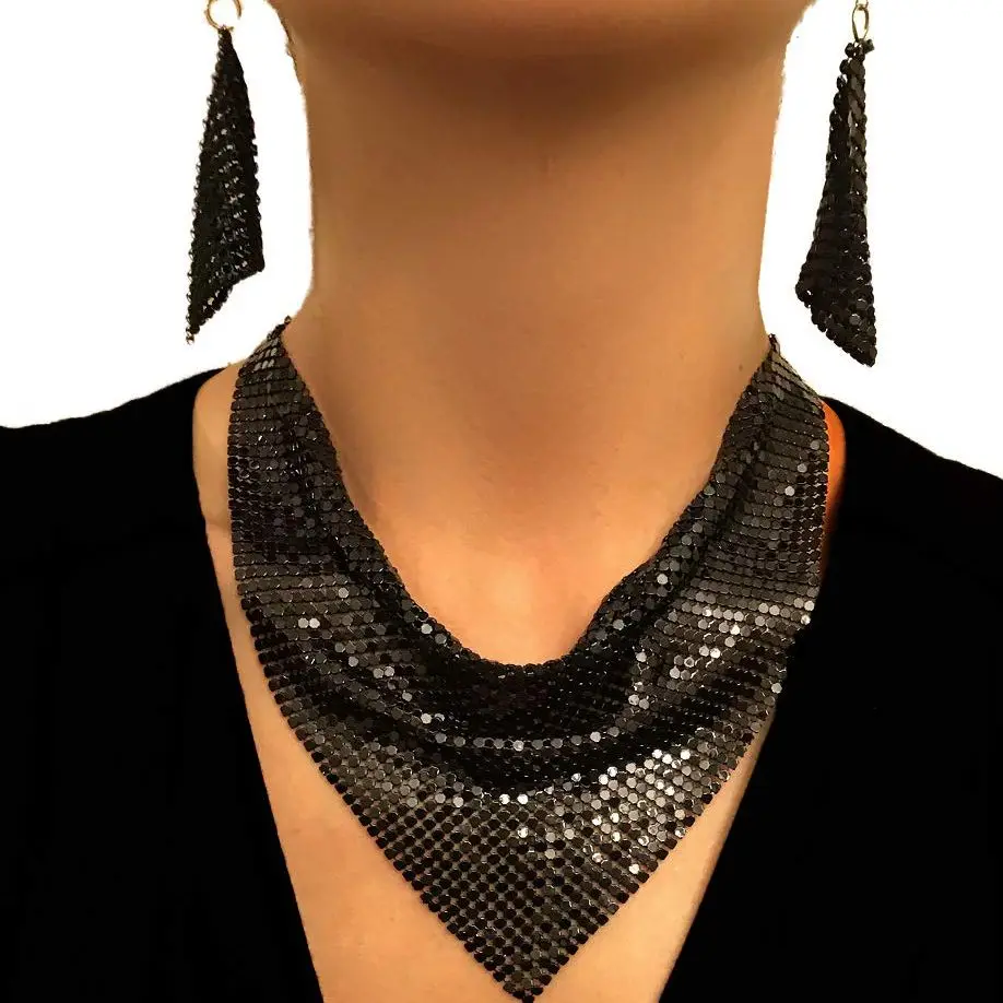 Sequin Leopard Metal Triangle Scarf Necklace Earrings Personalized Gradient Neckline Jewelry Set Metal Mesh Neck Accessories