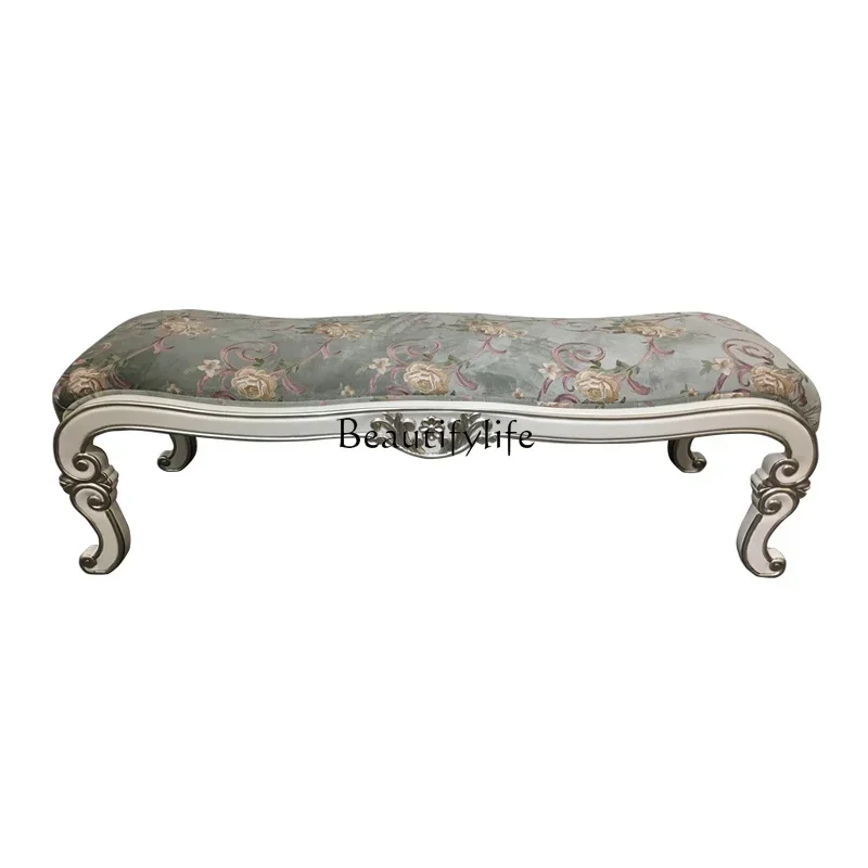

French fabric embroidery home bedside stool luxury solid wood bedside sofa changing stool