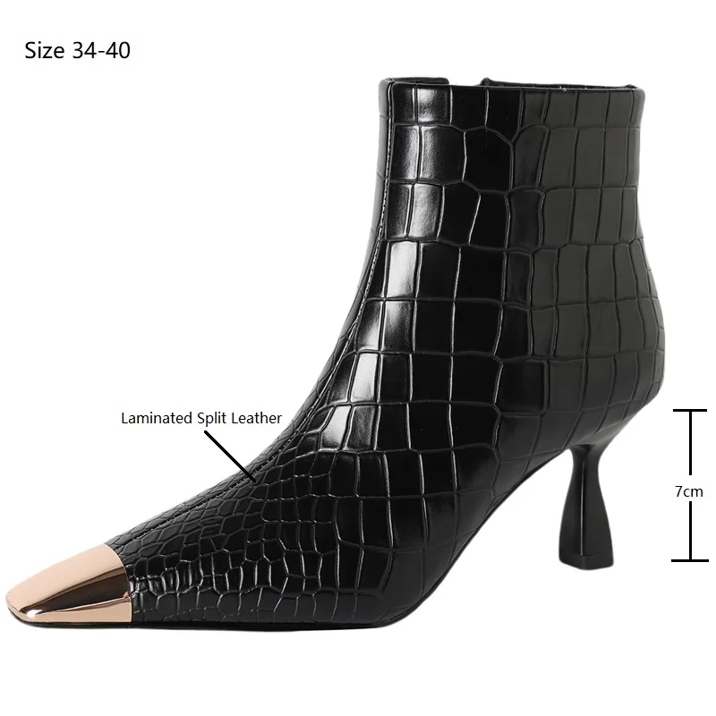 Drestrive 2025 Handmade Elegant Women's Ankle Boots Laminated Split Leather Crocodile Grain Pointed Toe Thin High Heels Winter