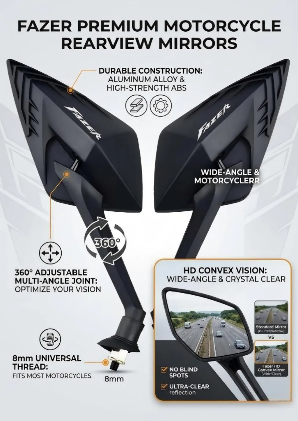 New Motorcycle Side-View Mirror For Yamaha Fazer 125 150 FZ1 FZ6 FZ7 FZ8 FZ9 Hi…