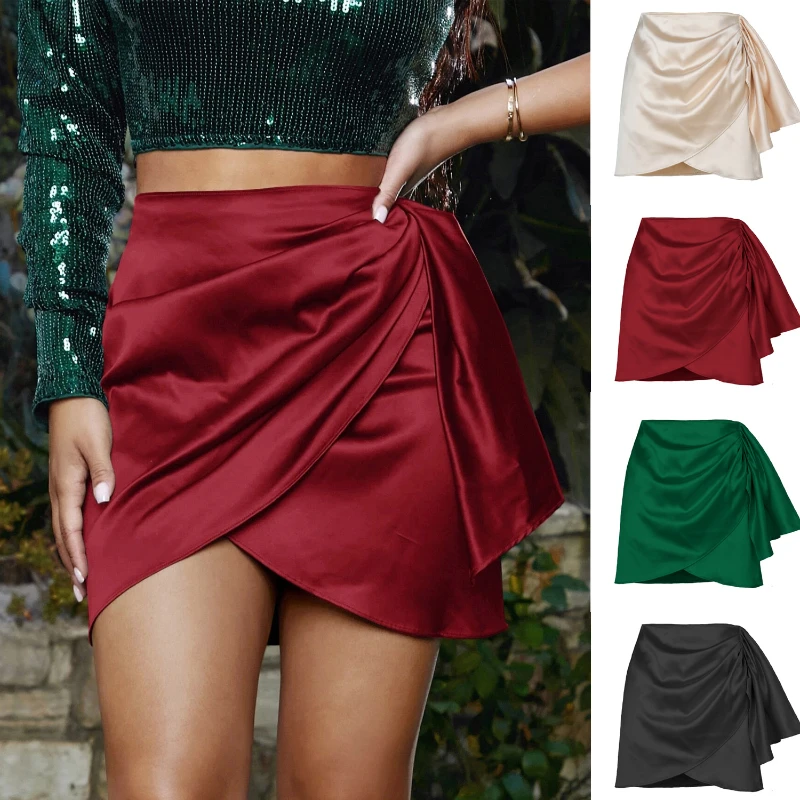 Summer Irregular Zipper Half Length Skirt with Wrinkle Positioning European and American Solid Color Satin High Waisted Short