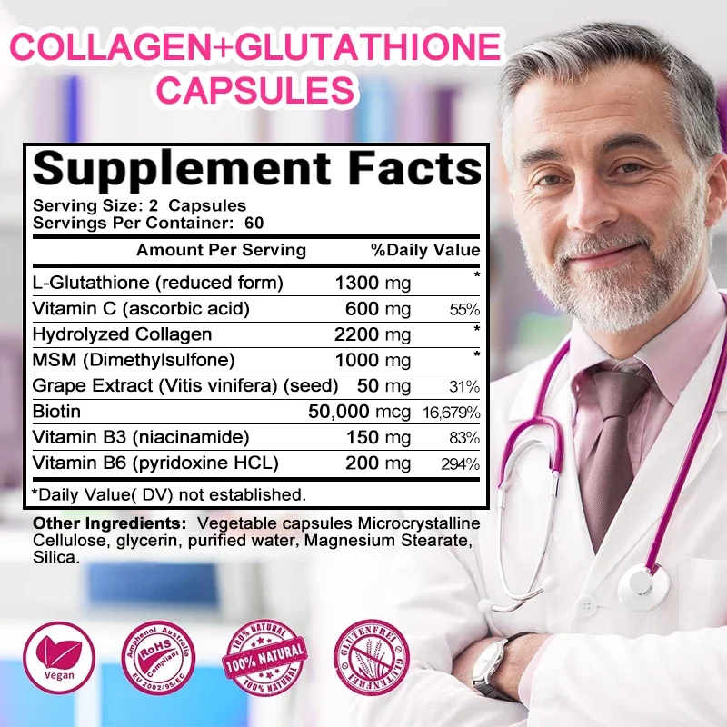 Hydrolyzed Collagen Glutathione Biotin & Vitamin C B6 B3 Nutritional Supplement - Better Absorption, Antioxidant, Skin, Immunity