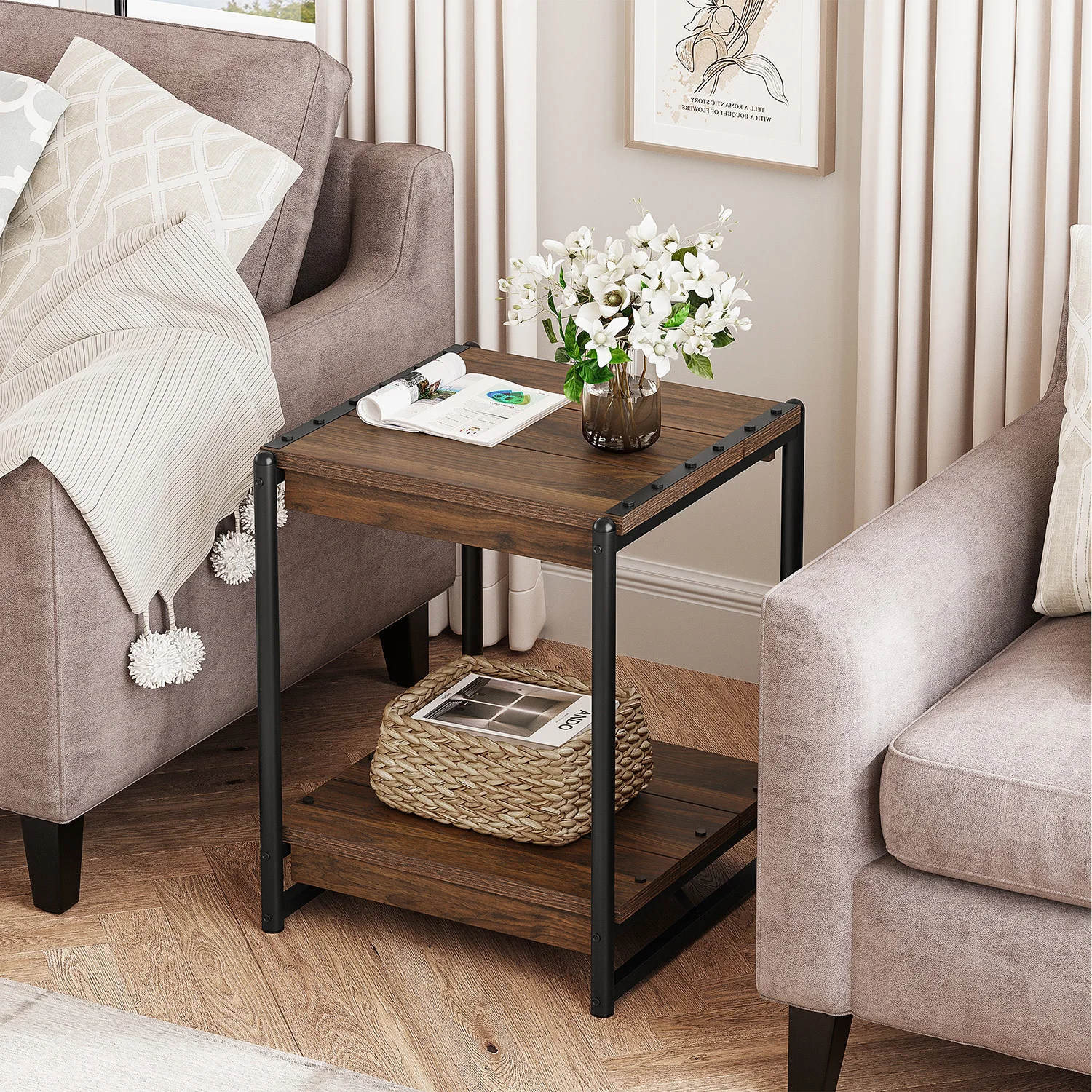 Table d'appoint carrée industrielle rustique - Étagère de rangement à 2 niveaux - Cadre en métal moderne - Grande table de chevet pour salon ou chambre - Montage facile