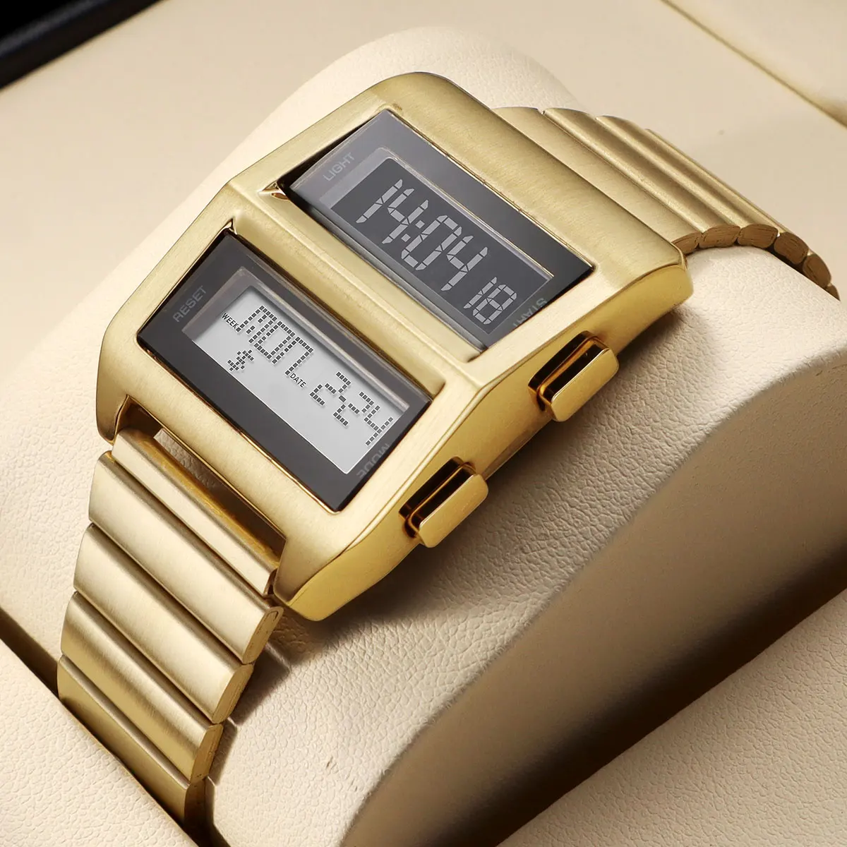 MEGIR Men's Cyberpunk Retro Driver Watch with Dual-Screen Digital Dial Sports Waterproof Wristwatch with Stainless Steel Strap