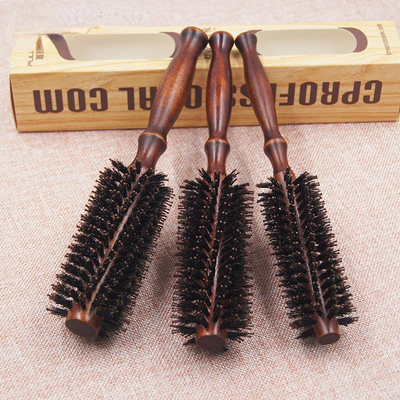 3 Sizes Anti Static Wood Boar Bristle Hair Round Brush Hairdresser Styling Tools Teasing Brush for Hair Curly Comb Hair Brush