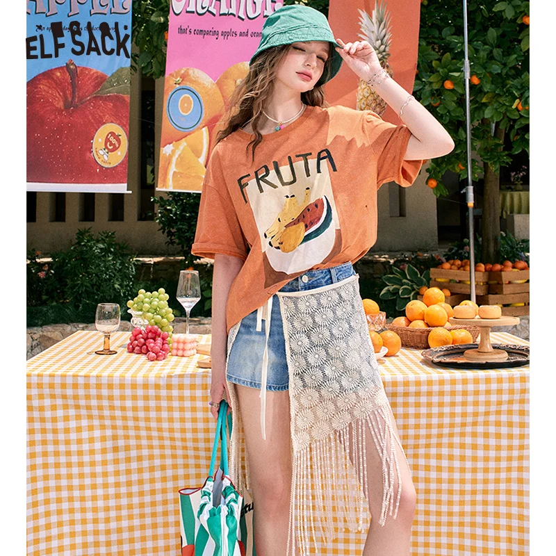 ELFSACK 2024 summer new arrival High waist A-line new matching tassel drape shorts jeans for women