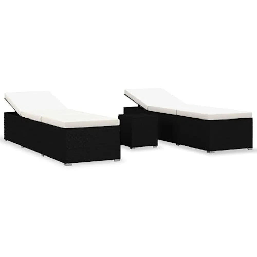 

3 Piece Garden Sun Loungers Set with Tea Table Adjustable Armrests Cushions Outdoor Furniture PE Rattan Black and Cream for Bal
