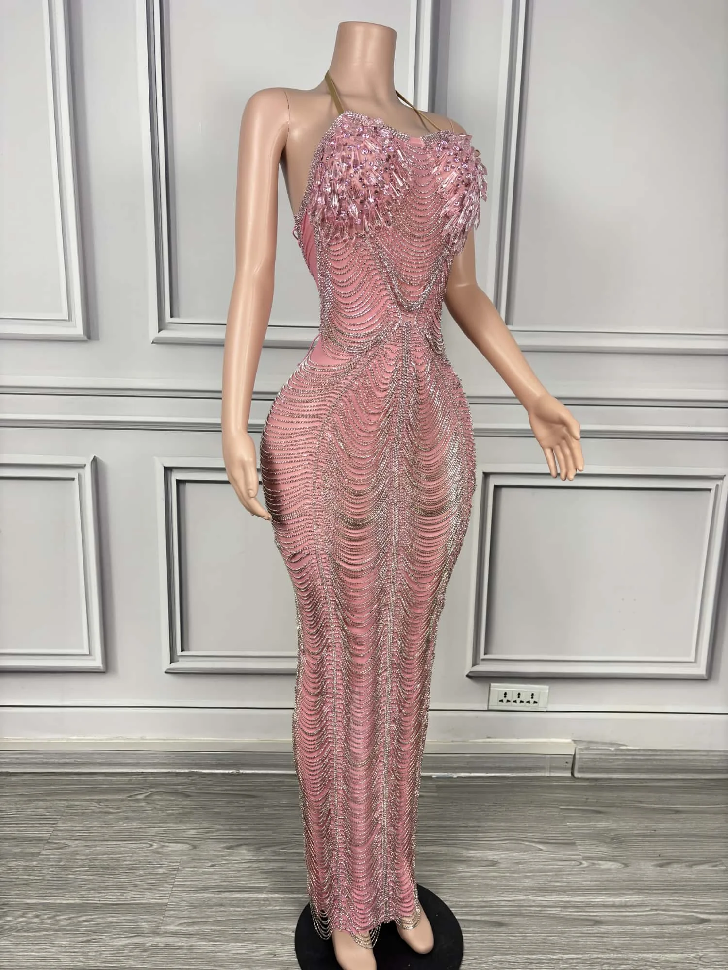 Noble Luxury Dinners Strapless Ball Dress Sparkly Rhinestone Chains Bodycon Maxi Dress Celebrate Nightclub Birthday Skinny Dress