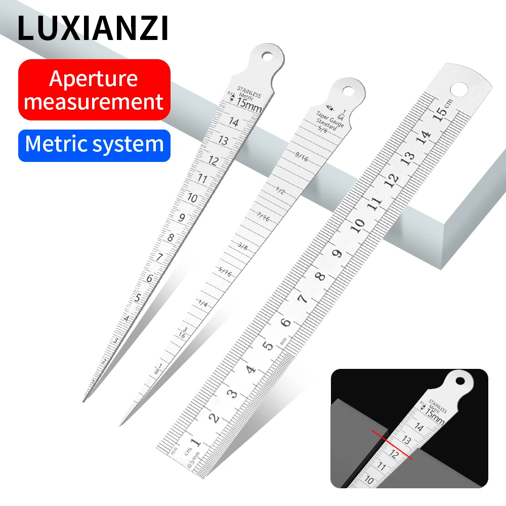 Luxianzi ตัววัดลิ่มสเตนเลสสตีลขนาด1-15มม. เกจช่องว่างสำหรับวัดเจาะรูสว่านชุดไม้บรรทัดวัดความลึก