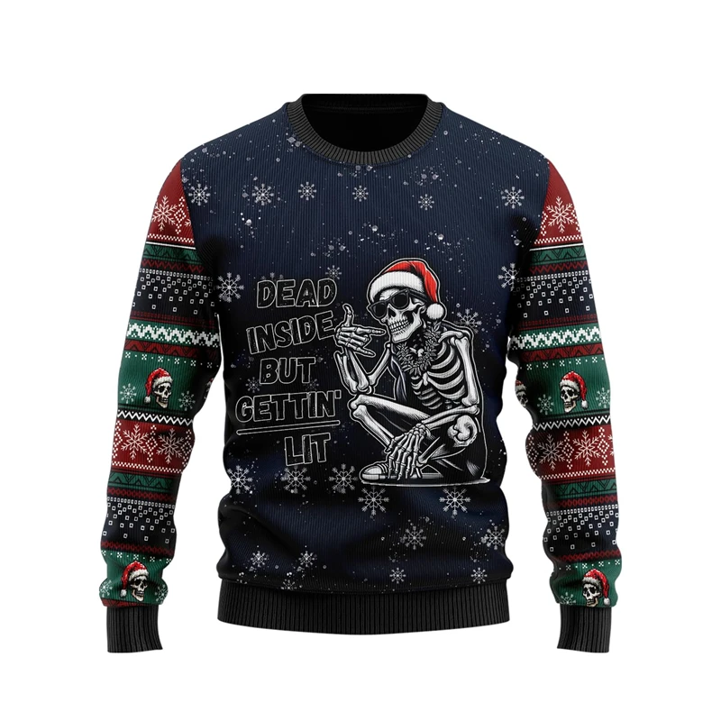 Santa Claus Skull Graphic Sweatshirts Funny Skeleton Ugly Sweater Xmas Holiday Crew Neck Sweatshirt Christmas Unisex Pullover