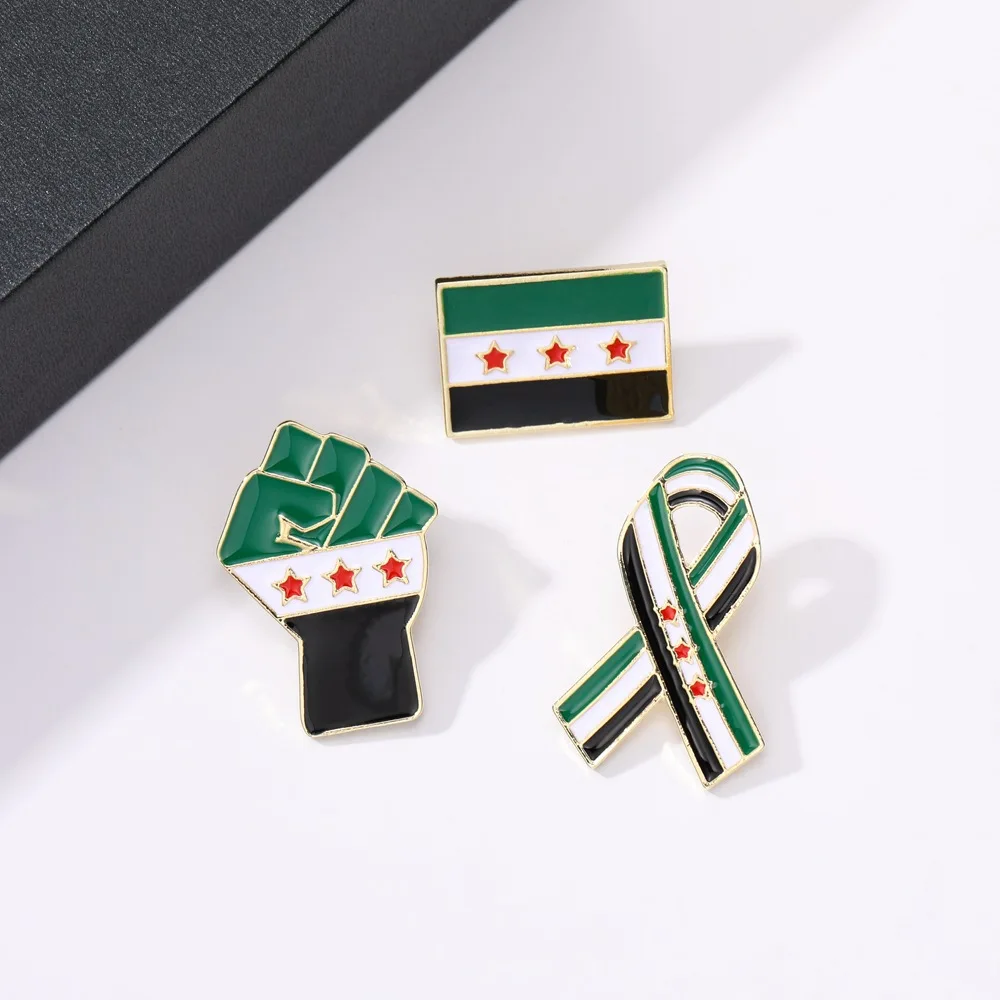 Syrian Map Flag National Emblem Brooches for Men Women Fashion Time Gemstone Metal Enamel Fluttering Badges Lapel Pins Gifts