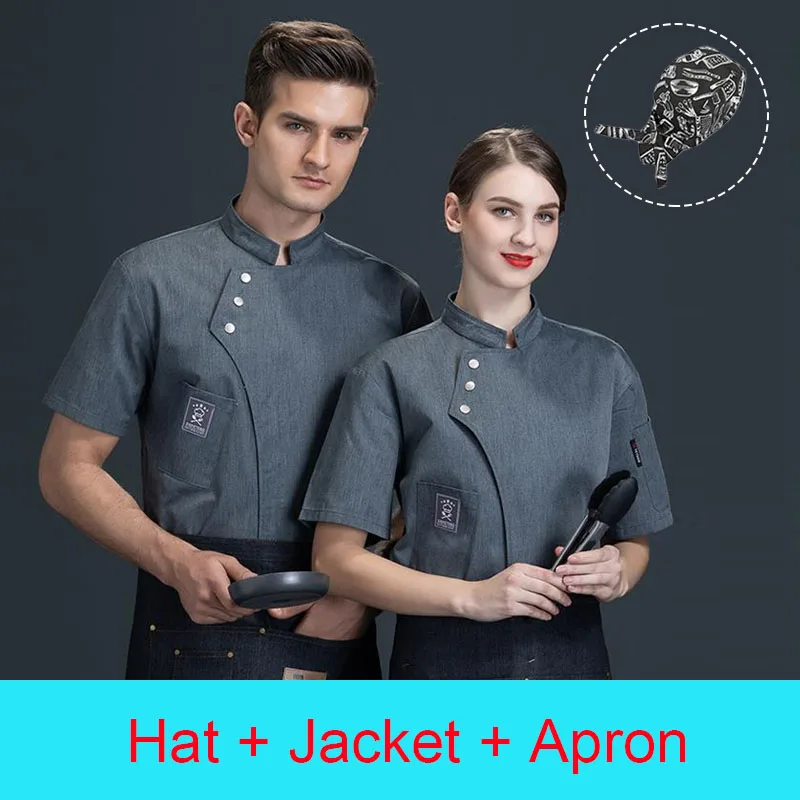 Men's Short Sleeve Chef Shirts Hotel Cook Uniform  Restaurant Kitchen Jacket Aprons Pirate Hat Bakery Cafe Waiter Work Clothes