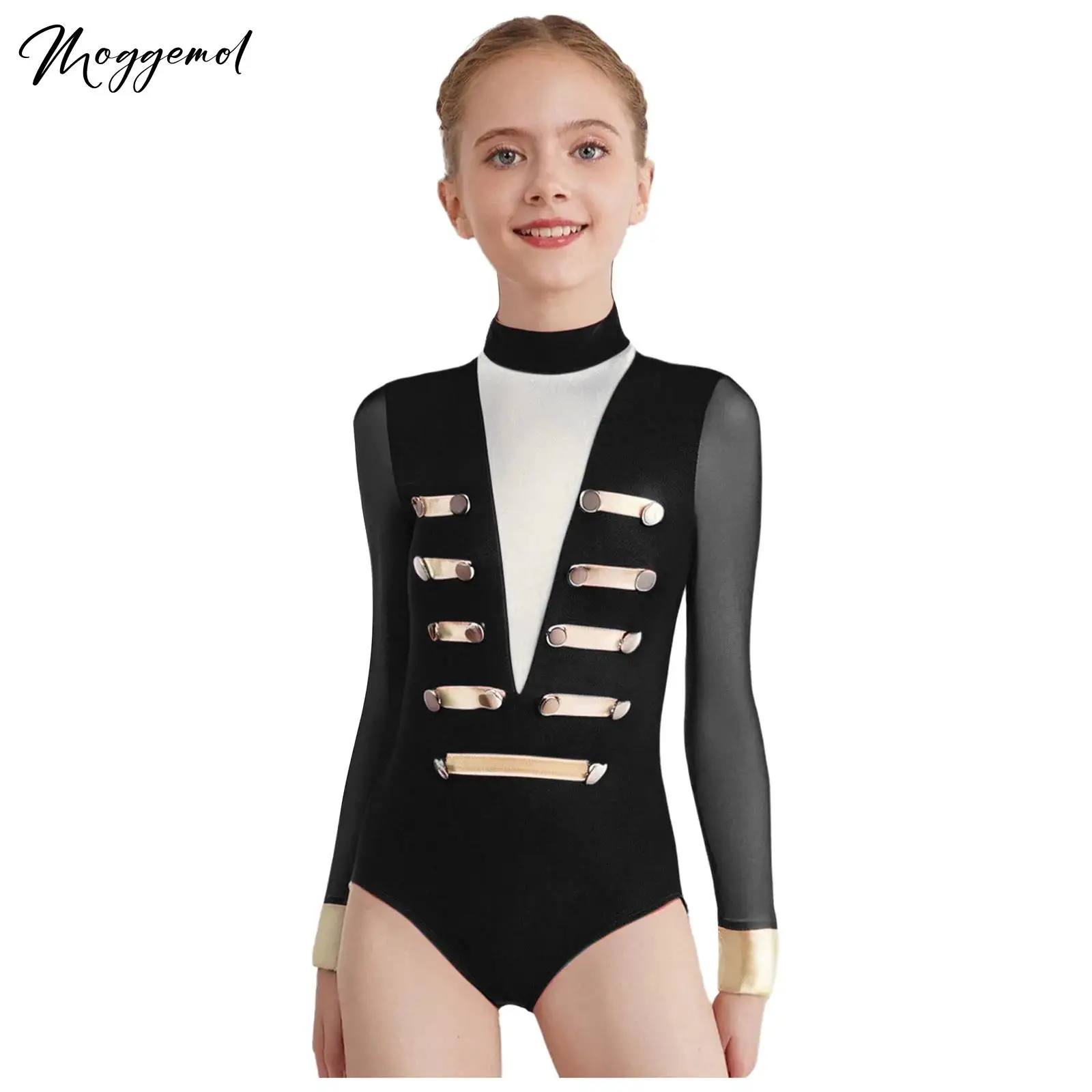 

Прозрачный сетчатый купальник с длинными рукавами для девочек, балетный танцевальный купальник с воротником-стойкой, металлические полоски, пуговицы, боди, гимнастический костюм для фигурного катания