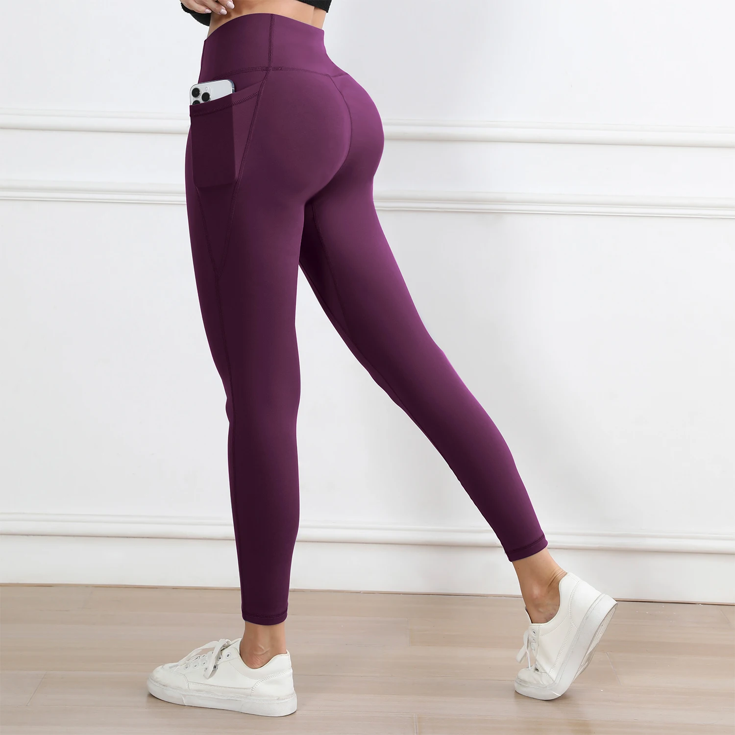 Damen-Leggings mit Taschen, einfarbig, hohe Taille, Po-Lifting, Workout-Strumpfhose, schmale elastische Hose, Freizeitkleidung