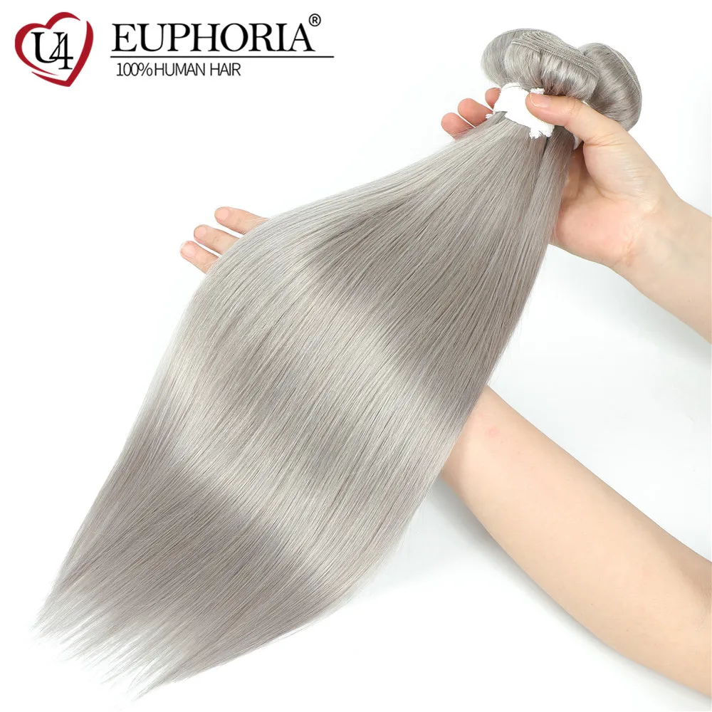 Straight Silver Grey Remy Hair Bundles Brazilian 9A 100% Human Hair Bundles Weave Extension 8-26inch 1/3 Pcs Body  EUPHORIA