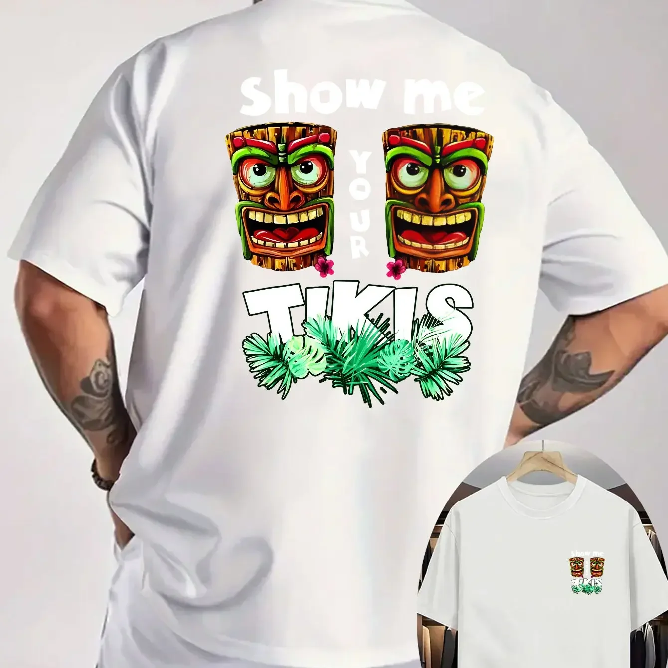 Hawaii Beach Party Show Me Your Tikis Dual Cartoon Tiki Statue Tropical Foliage Double Sided T-shirt Loose Unisex Graphic Tees