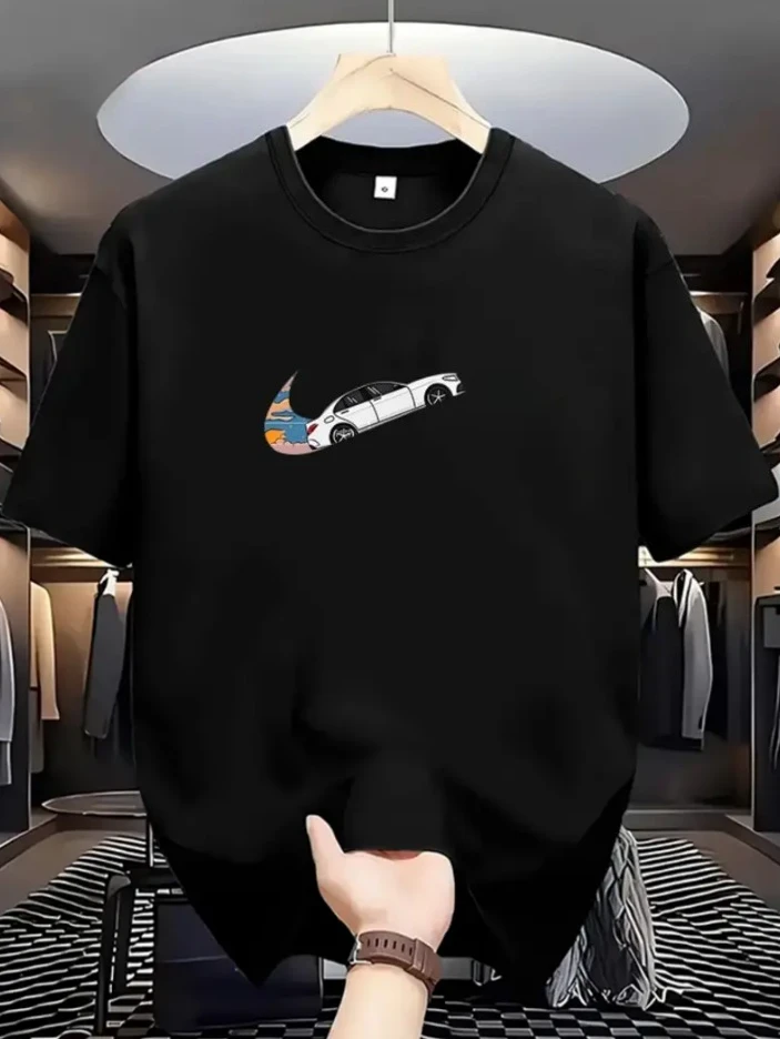 Camiseta gráfica transpirable para hombre, camiseta a la moda con estampado de coche colorido, camiseta informal y cómoda con cuello redondo, camiseta diaria de verano